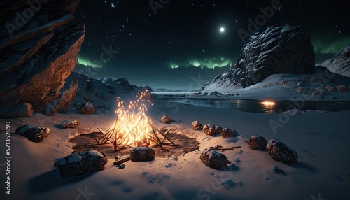  a campfire in the middle of a snowy landscape with a bright green aurora light in the background and a lake in the foreground. generative ai