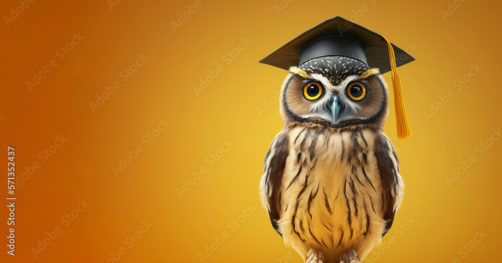 Fototapeta premium A wise owl wearing a graduation cap. Education and learning concept. Generative ai