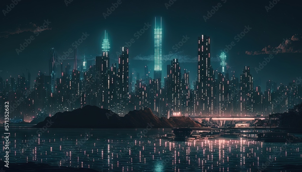  a futuristic city at night with a lot of lights on the buildings and the water reflecting off the surface of the water and the sky.  generative ai