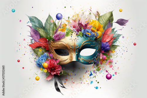 Bunte Karneval / Fasching Maske mit Blumen Hintergrund - KI generiert