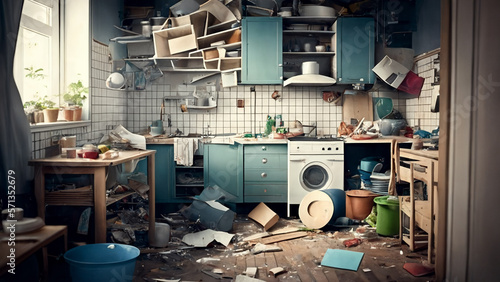 A very messy and dirty kitchen that needs cleaning (generative AI) photo