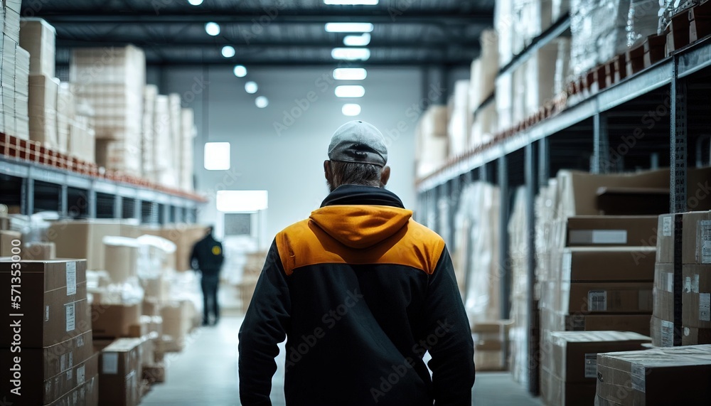 Warehouse manager checking, warehouse blur in the background. Generative AI Warehouse manager checking, warehouse blur in the background. Generative AI