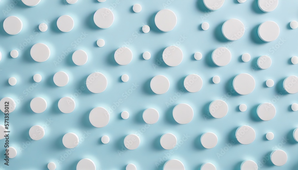 White tablets in hard light on soft light blue color, top view. Medical and pharmacy remedies for health and prevent, teraphy disease background - home medicine chest. Generative AI.