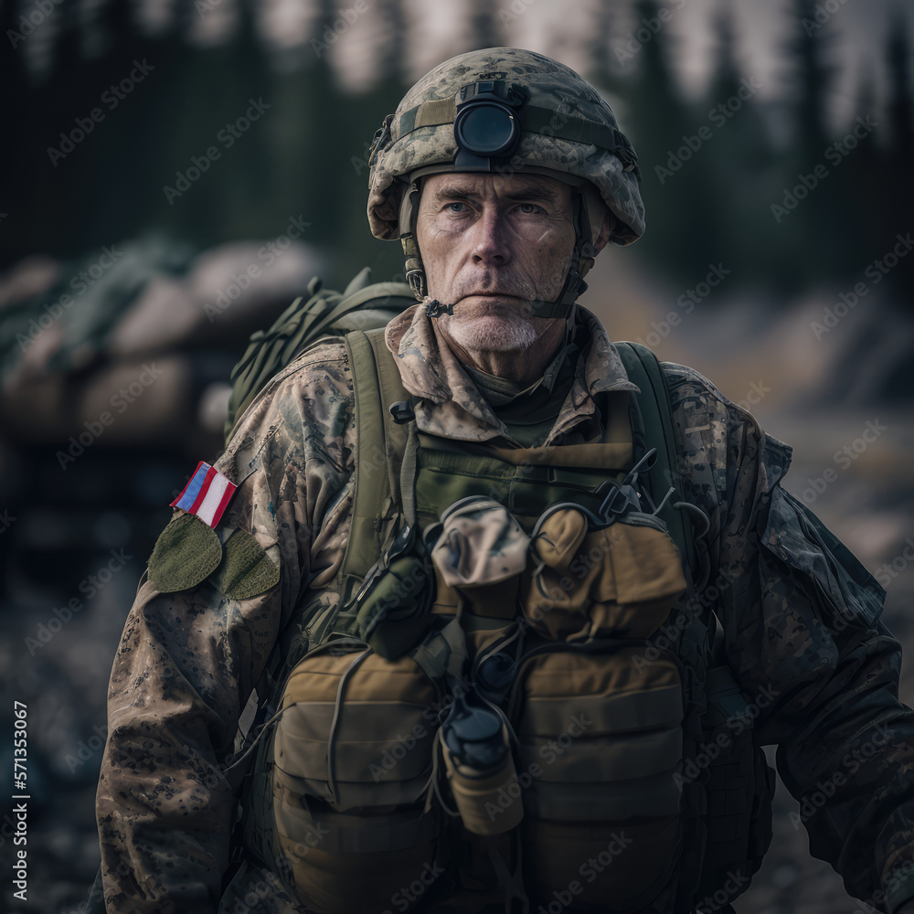 portrait of a old man in camouflage, soldier on battlefield, generative ai,