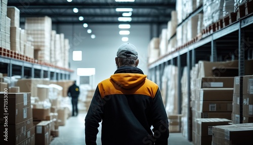 Warehouse manager checking, warehouse blur in the background. Generative AI
