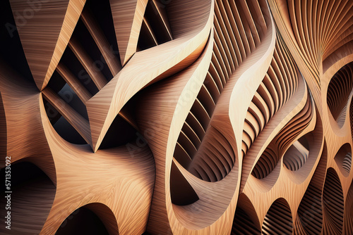 Abstract of wooden pattern, twisted shape, architecture facade details. Generation AI