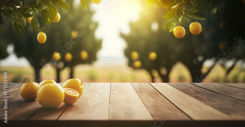 golden hour lemon citrus fruits on wooden table with trees field on morning sunshine background with copyspace area