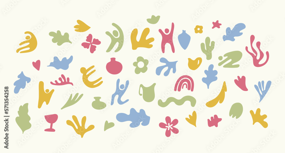 Colorful, abstract, organic shapes collection. Shapes of people, objects, flowers, and leaves are done in a Matisse-inspired style on a solid background. Great to build seamless patterns, stickers et