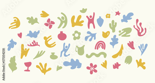 Colorful, abstract, organic shapes collection. Shapes of people, objects, flowers, and leaves are done in a Matisse-inspired style on a solid background. Great to build seamless patterns, stickers et