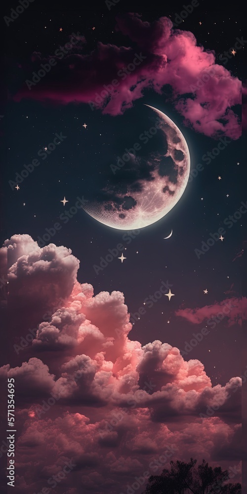 Naklejka premium Pink clouds with pink moon and stars, photo editing. Generative AI