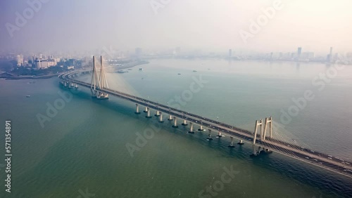 Sea link Mumbai Worli bridge, hyper lapse time lapse aerial drone view, India, 4k cinematic