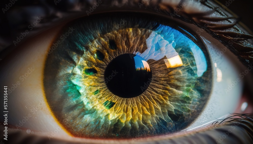  a close up of a person's eye with a reflection of a building in the iris of the iris of the eye and the iris of the eye.  generative ai