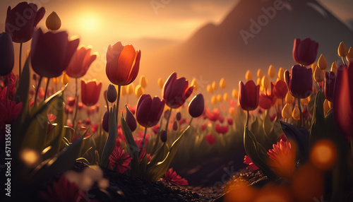 Field of tulip flowers at sunset. Generative AI.