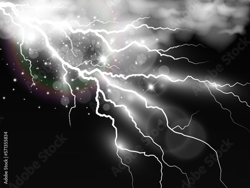 Vector image of realistic lightning. Flash of thunder on a transparent background.	
