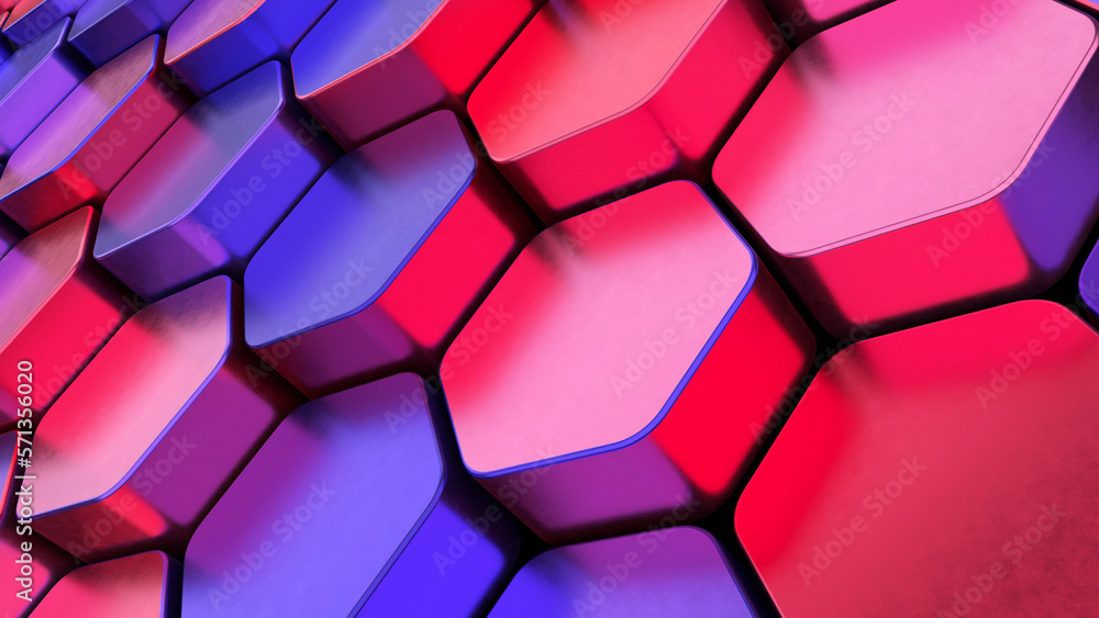 Multicolor Hexagons: A 3D Metallic Tiled Background in Shades of pink, purple and blue. 3d render illustration. Multicolor Hexagons: A 3D Metallic Tiled Background in Shades of pink, purple and blue. 3d render illustration.