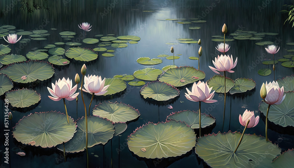 a painting of water lilies in a pond with lily pads on the surface of ...