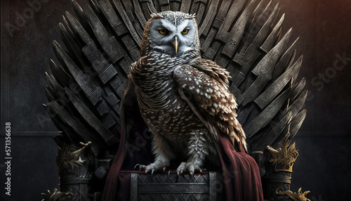 owl king or queen standing on a throne made from swords. Imperial superb owl ruler on throne photo