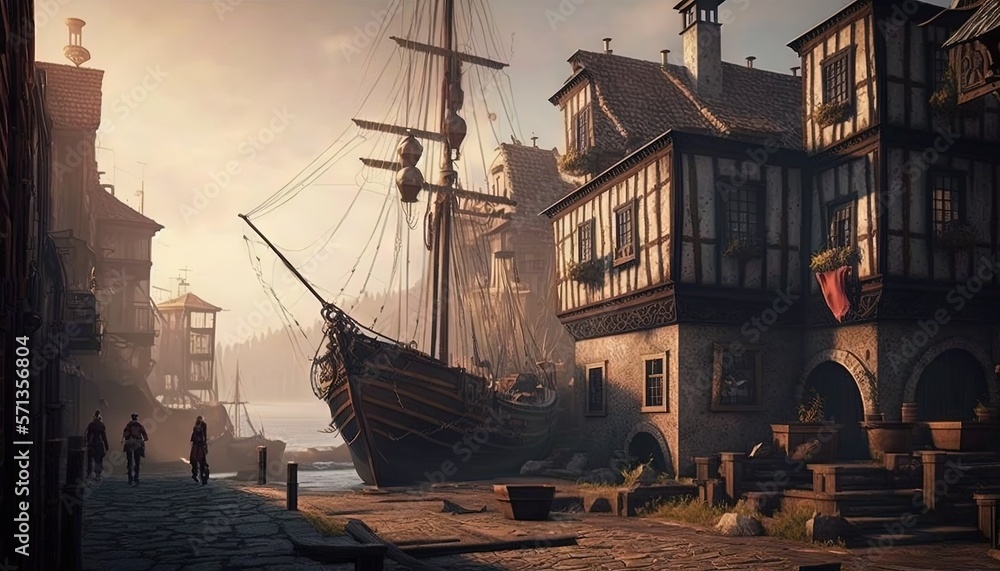 Fototapeta premium a painting of a pirate ship in a town by the water with people walking around it and a person walking on the sidewalk in front of the building. generative ai