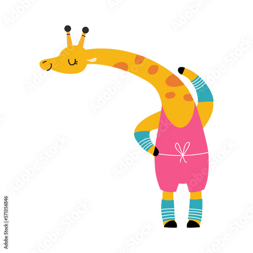 Cute funny baby giraffe doing fitness. Adorable animal practicing yoga exercise cartoon vector illustration