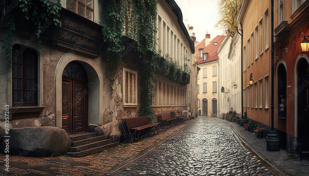  a cobblestone street in a european city with a stone paved street and a stone bench on the side of the street, with ivy growing on the side of the buildings.  generative ai