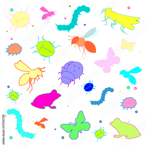 Insects, vector illustration. Butterfly, caterpillar, dragonfly, cricket, beetle, frog, bee, bumblebee, ladybug, bright colored multicolored