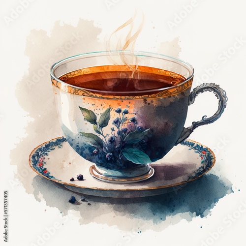 Watercolor illustration of cup of tea drink tab restaurant white blackground grren leaf coaster hot it's steaming color Generative AI
