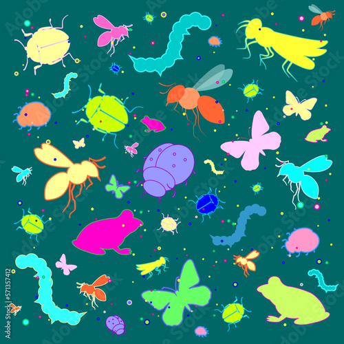 Insects, vector illustration. Butterfly, caterpillar, dragonfly, cricket, beetle, frog, bee, bumblebee, ladybug, bright colored multicolored