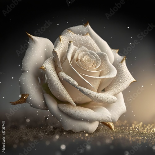 white rose, clean background, little glitter above the rose portrait close up snowing beautiful petal loves dont like Generative AI