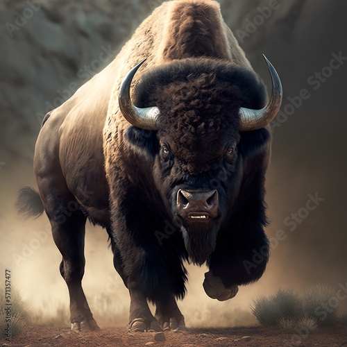 wild bison, aggressive, ready to attack animal horns angry speed run escape if you can mammal strong blows fast Generative AI