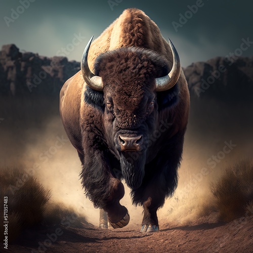 wild bison, aggressive, ready to attack animal horns angry speed run escape if you can mammal strong blows fastt strong no chance of survival dusty threw run Generative AI