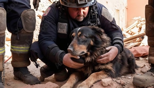 rescue team with K9 dog helping on collapse building area, idea for support Turkey, Syria earthquake disaster, Generative Ai not real people © QuietWord