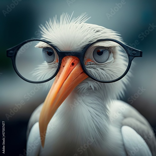 a pair of glasses through which you can see the sharp image of a beautiful cute little stork smart bird orange beak big feathered Generative AI