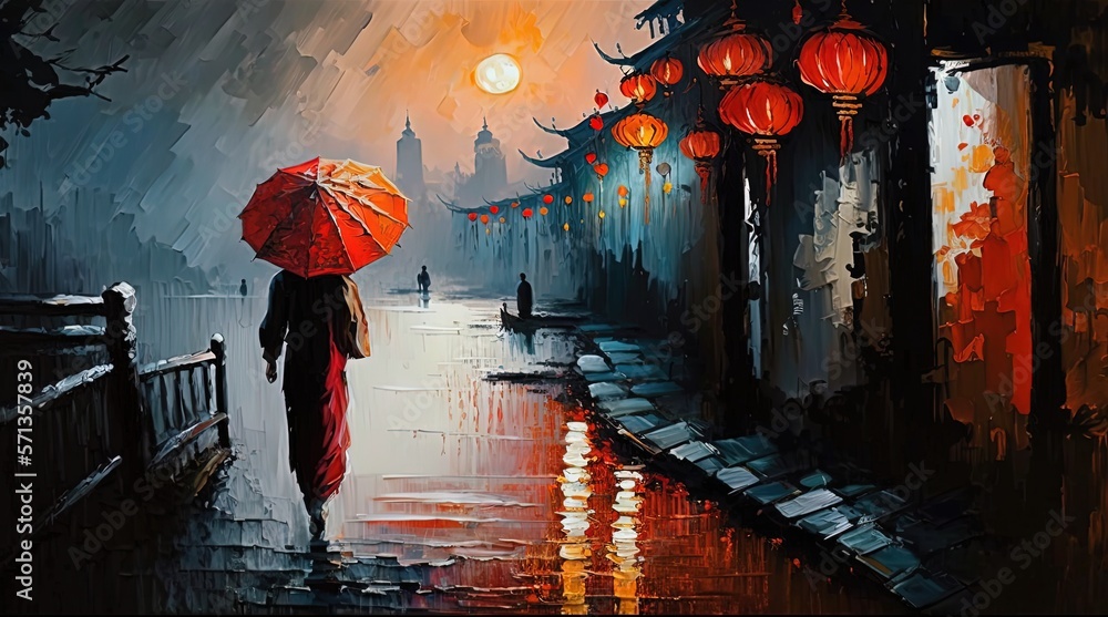 paint like illustration of ancient Asian town view with people walking at riverside landscape , Generative Ai paint like illustration of ancient Asian town view with people walking at riverside landscape , Generative Ai