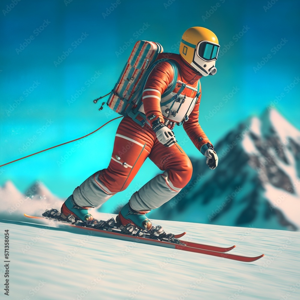 Obraz premium ski retro style mountains winter snow ice cold fast speed yellow crash helmet sport Generative AI