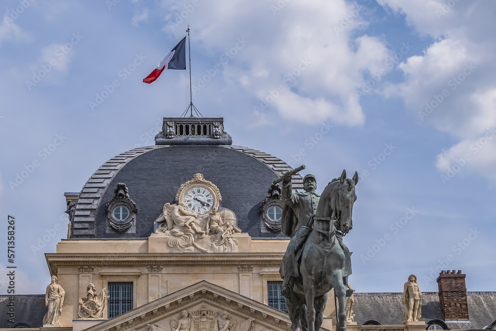 Equestrian statue of Marshal Joseph Jacques Cesaire Joffre in front of the Ecole Militaire, a French general during World War I. Paris, France.