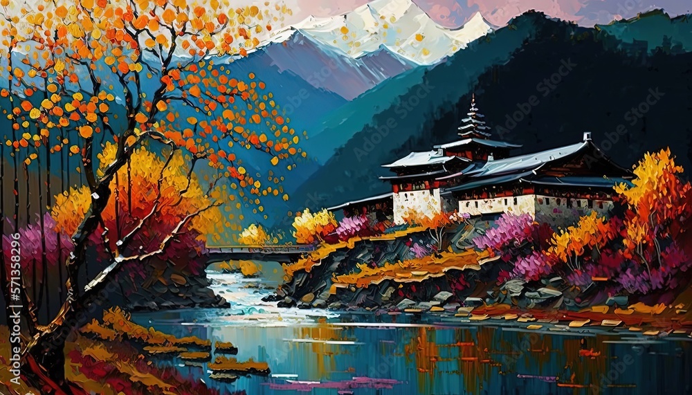 Obraz premium paint like illustration of beautiful nature landscape with ancient Asian house, Generative Ai