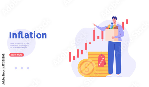 Consumer with shopping cart and grocery prices rising. Increase inflation. Concept of inflation, rising food cost, financial crisis. Vector illustration in flat cartoon design.