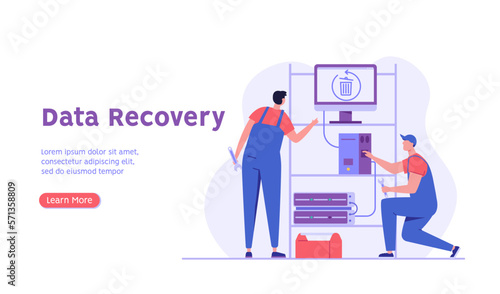 Man in uniform repairing HDD. Restoration process. Data recovery, data storage backup, hardware disk repair service. Vector illustration in flat cartoon design