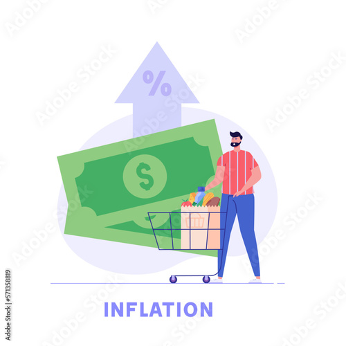 Consumer with shopping cart and grocery prices rising. Increase inflation. Concept of inflation, rising food cost, financial crisis. Vector illustration in flat cartoon design.