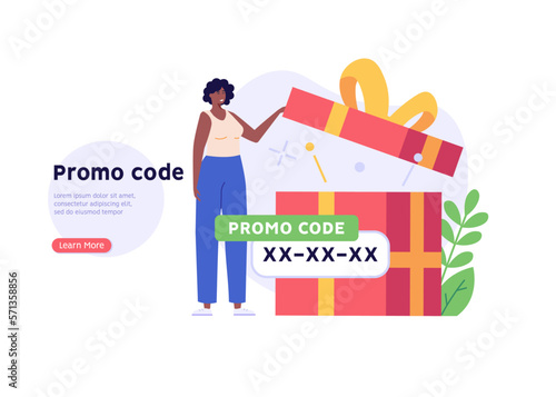Woman gets a discount using a promo code. Concept of promo code, loyal program, sales funnel, bargain, coupons, reward program, online gift purchase. Vector illustration in flat design