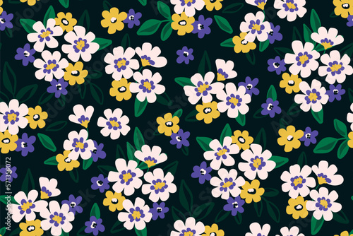 Seamless floral pattern, cute ditsy print with summer meadow. Beautiful botanical design with small hand drawn plants: decorative flowers, leaves on a dark background. Vector illustration.