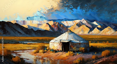 paint like illustration of Mongolian house or Yurt on grass land with sunlight in evening, Generative ai
