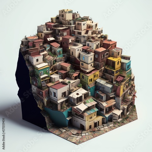 Favela comunidade, barracos amontoados no morro do rio de janeiro, mini cidade, pequena comunidade, cidade brasileira, casas coloridas na montanha GENERATIVE AI photo