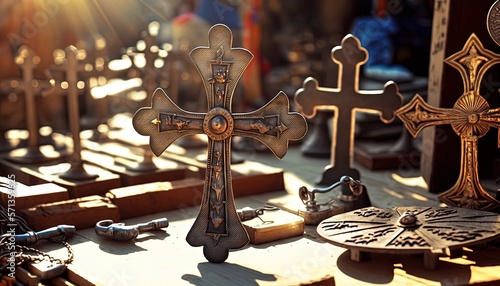 Fotografija market stall selling many design of Christian crucifix, Generative Ai