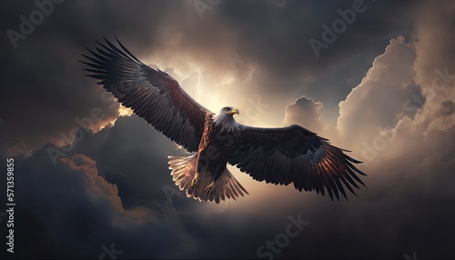  sunlight shine through clouds on big eagle that flying in sky, idea for Christianity bible theme God word Isaiah 40:31 , Generative Ai