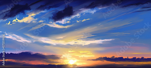 Vertical view of dusk  sunset  twilight  and a dark blue sky with colorful sunrays. Majestic summer nice sky. Generative AI