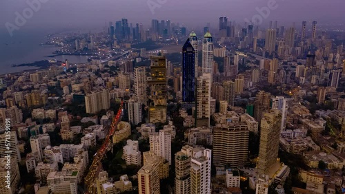 Mumbai time lapse hyperlapse aerial drone view Mahalaxmi, India, Maharashtra, 4k day to night