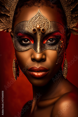 Sexy black woman wearing a carnival mask, red and golden color, generative ai © Zelma