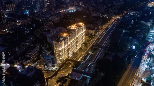 Mumbai Saifee Hospital and train station aerial drone time lapse hyper lapse night, 4k, India, Maharashtra
