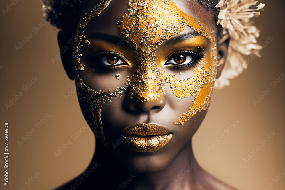 Sexy black woman wearing a golden carnival mask isolated on studio background, generative ai Sexy black woman wearing a golden carnival mask isolated on studio background, generative ai